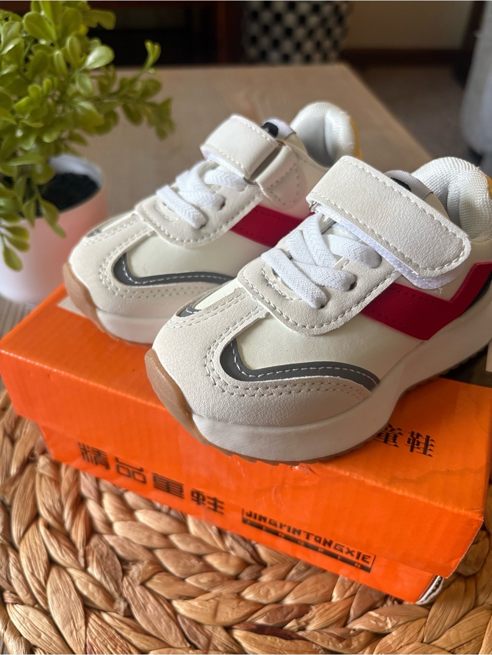 Kids White and Pink Athletic Sneakers with Hook-and-Loop Strap